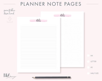 Note pages printable, planner note page, blank note pages, planner inserts, planner printable, BUJO planner, dot pages, lined note pages
