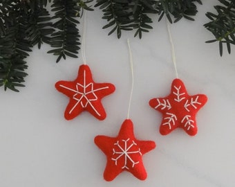 Christmas Stars Ornaments/Red Christmas Tree Ornament/Star Ornament/embroidered ornament/Holiday Decoration/Felted Star/childproof ornament