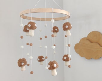 Baby mobile/nursery mobile/beige mushrooms baby crib mobile/toadstool/felt balls mobile/boho nursery/unisex/pompom mobile/neutral decor