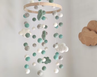 Baby mobile/cloud mobile nursery teal mint nursery/nursery mobile/crib mobile/felt mobile/scandinavian/modern nursery/cloud baby decoration