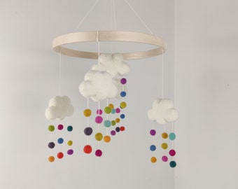 Mobile pour bébé/nuage et pluie/multicolore/décoration chambre bébé nuage/cadeau shower/mobile pompon/déco unisexe/écoresponsable/lit bébé