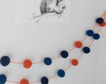 Guirlande en boule de laine feutrée nuance de bleu orange/guirlande de pompons/Décoration chambre d'enfant/déco murale chambre bébé/Québec