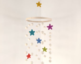 Baby mobile/nursery mobile/baby crib mobile/stars/multicolor white/felt balls mobile/modern nursery/unisex nursery/pompom/scandinavian decor