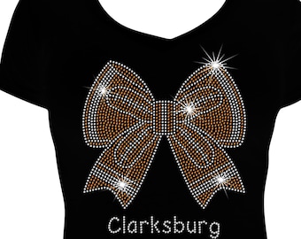 Custom Name Football Bow T-Shirt, Football Bling Shirt, Bling Shirt, Rhinestone Football Shirt, Custom Team Name Shirt