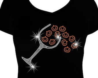 Camiseta con copa de vino y calabazas con diamantes de imitación, camiseta brillante de Halloween para mujer, camiseta con vino brillante de otoño, camiseta con calabaza con diamantes de imitación, camiseta de octubre