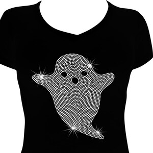 Camiseta de fantasma con diamantes de imitación, camiseta brillante de Halloween para mujer, camiseta brillante de octubre, camiseta fantasma con diamantes de imitación espeluznante, linda camiseta de Halloween imagen 1