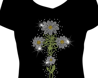 Easter Cross Spring Daisies Bling Shirt | Rhinestone Easter Cross Shirt | Bling Easter Tee | Sparkly Easter Shirt for Women