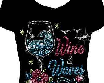 Wine and Waves Bling Shirt, Cruise Wine Bling Shirt, Bling Rhinestone Shirt, Cruise Shirt, Cruising Shirt, Travel Shirt, Vacation Shirt