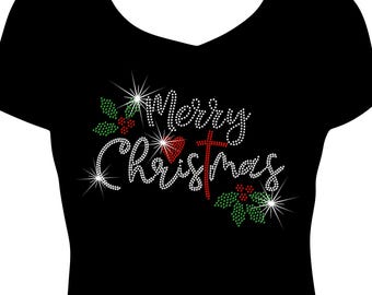 Merry Christmas Cross Shirt, Christmas Bling Shirt, Christmas Heart Rhinestone Bling Shirt, Christmas Shirt, Rhinestone Christmas Shirt