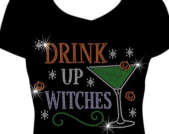 Drink Up Witches Halloween rhinestone t-shirt, bling halloween shirt, sparkle halloween top, rhinestone tee, cute halloween rhinestone