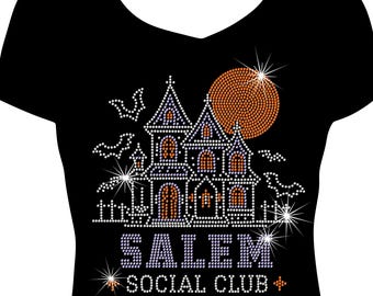 Salem Social Club Rhinestone T-Shirt, Halloween Bling Top for Women, Sparkly Spooky Halloween Shirt, Rhinestone Shirt, Halloween Sparkle Top
