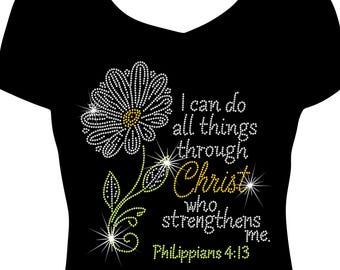 I Can Do All Things Through Christ Bling Shirt, Woman Bling Shirt, Rhinestone Bling Shirt, Religious Cross Shirt, Christian Faith Shirt