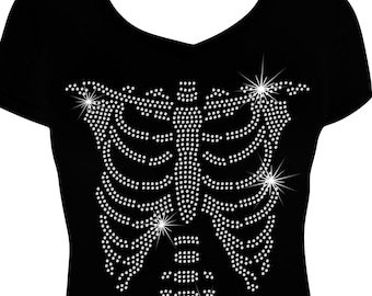 Skeleton Halloween Shirt | Rhinestone Bones Bling Tee for Spooky Season | Sparkly Skeleton Top for Women | October Fall Halloween T-Shirt
