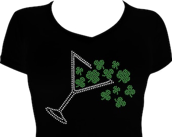St. Patrick's Day Martini Clover Bling Shirt, St. Paddy's Day Shirt, Bling Shirt St. Patrick’s Day, Rhinestone Shirt St. Patrick's Day