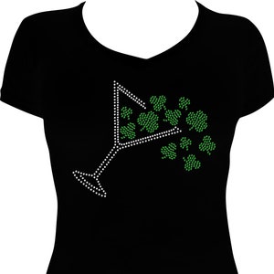 St. Patrick's Day Martini Clover Bling Shirt, St. Paddy's Day Shirt, Bling Shirt St. Patrick’s Day, Rhinestone Shirt St. Patrick's Day