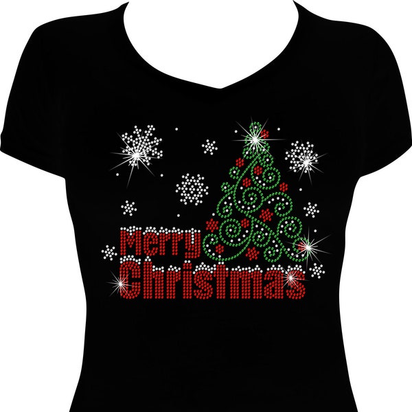 Merry Christmas Tree Snowflake Bling Shirt, Christmas Shirt, Christmas Rhinestone Bling Shirt, Christmas Shirt, Rhinestone Christmas Shirt