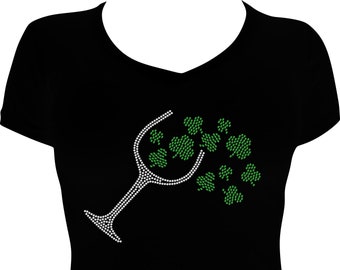 St. Patrick's Day Wine Clover Bling Shirt, St. Paddy's Day Shirt, Bling Shirt St. Patrick’s Day, Rhinestone Shirt St. Patrick's Day