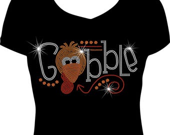 Gobble Turkey Head Bling Shirt, Thanksgiving Bling Shirt, Thanksgiving Shirt, Thanksgiving Day Shirt, Rhinestone Thanksgiving Shirt