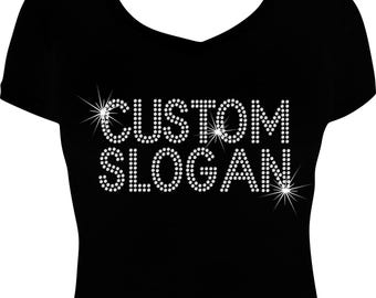 Camiseta personalizada con brillantes para mujer: camiseta personalizada con diamantes de imitación, top brillante de cumpleaños, diseño personalizado, logotipo personalizado.