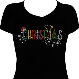 Christmas Deer Tree Shirt, Christmas Bling Shirt, Christmas Santa Rhinestone Bling Shirt, Christmas Shirt, Rhinestone Christmas Shirt
