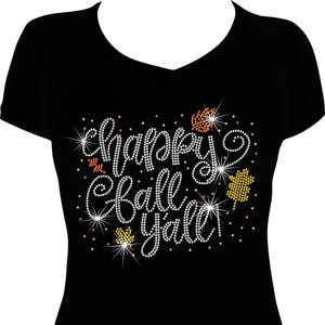 Happy Fall Yall Rhinestone T-Shirt | Sparkly Bling Fall Shirt for Women | Southern Autumn Tee | Rhinestone Pumpkin Patch Top | Fall Bling