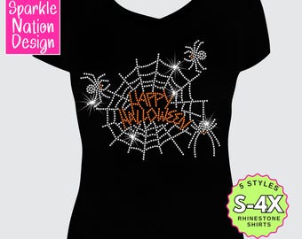 Happy Halloween Rhinestone T-Shirt • Sparkly Spider Web Bling Tee for Women • October Shirt • Rhinestone Fall Top for Trick or Treat