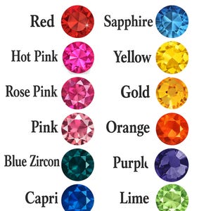 a collection of thirteen different rhinestone colors, each represented by a unique gemstone. The colors include Red, Sapphire, Hot Pink, Yellow, Gold, Pink, Orange, Blue Zircon, Purple, Capri, Lime, Aqua, and Emerald.