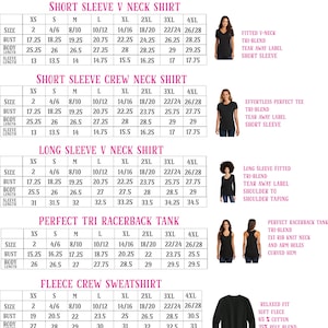 The image is a size chart for women's clothing, including short sleeve v-neck shirts, long sleeve v-neck shirts, and crew neck shirts.