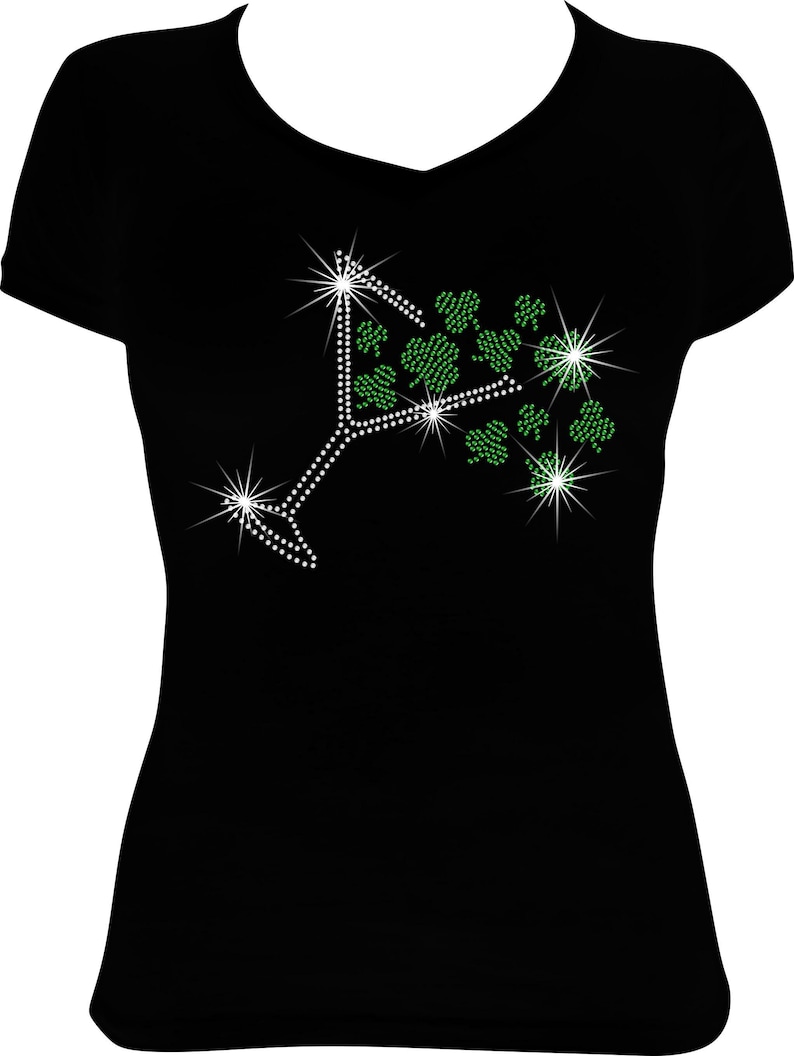 Camisa con trébol y martini para el Día de San Patricio, camisa para el Día de San Patricio, camisa con brillo para el Día de San Patricio, camisa con diamantes de imitación para el Día de San Patricio imagen 1
