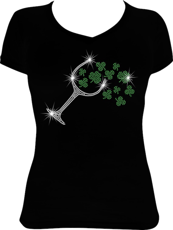 St. Patricks Day Wine Clover Bling Shirt, St. Paddys Day Shirt, Bling Shirt St. Patrick’s Day, Rhinestone Shirt St. Patricks Day
