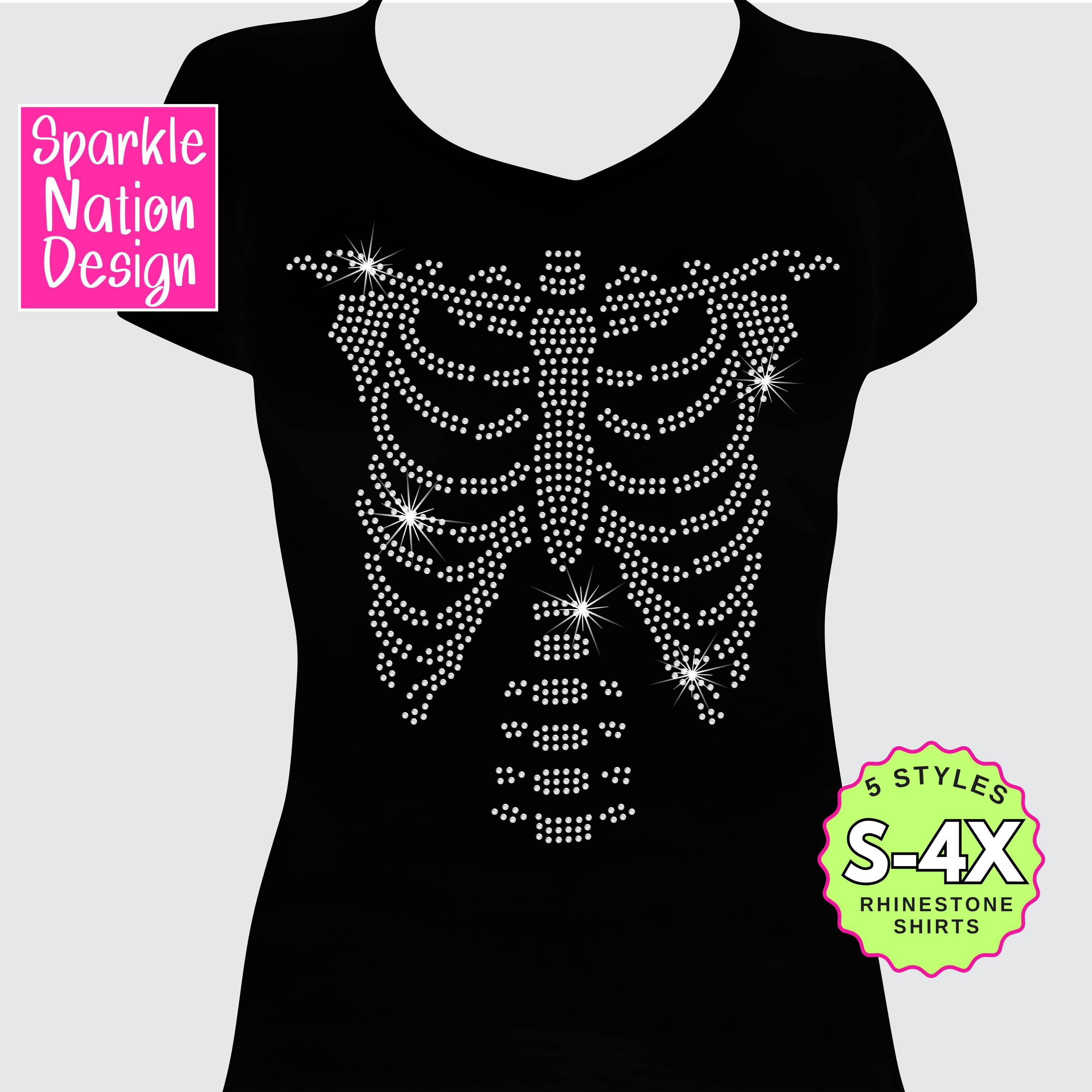 Skeleton Halloween Shirt • Rhinestone Bones T-Shirt for Spooky Season • Sparkly Skeleton Bling Tee • Funny October Fall Top for Women