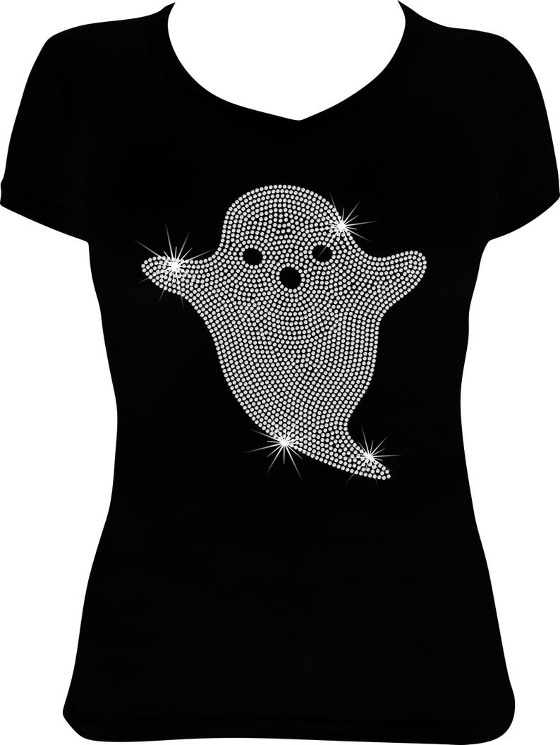 Camiseta de fantasma con diamantes de imitación, camiseta brillante de Halloween para mujer, camiseta brillante de octubre, camiseta fantasma con diamantes de imitación espeluznante, linda camiseta de Halloween imagen 1