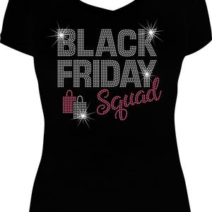 May include: Black t-shirt with a rhinestone design that reads 'Black Friday Squad' with a pink shopping bag icon.