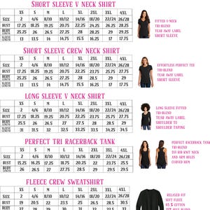 The image is a size chart for women's clothing, including short sleeve v-neck shirts, long sleeve v-neck shirts, and crew neck shirts.