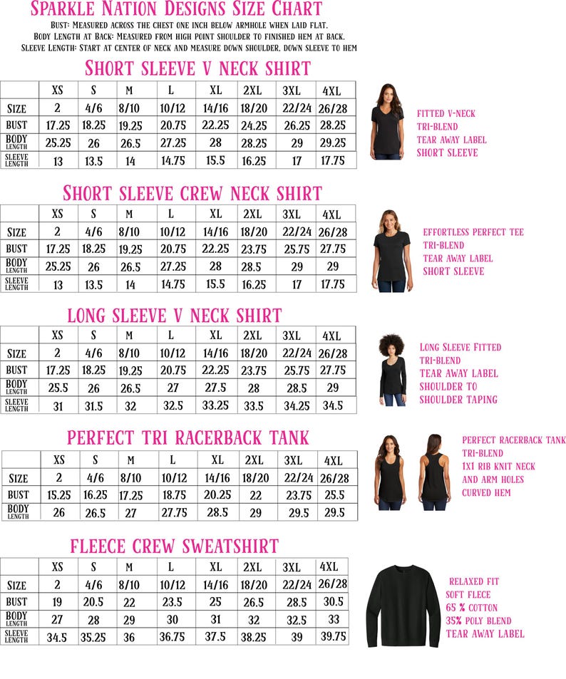 The image is a size chart for women's clothing, including short sleeve v-neck shirts, long sleeve v-neck shirts, and crew neck shirts.