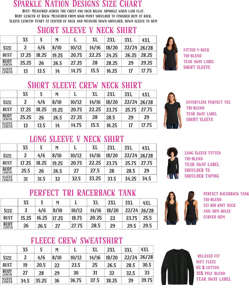 The image is a size chart for women's clothing, including short sleeve v-neck shirts, long sleeve v-neck shirts, and crew neck shirts.