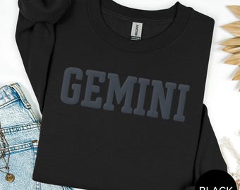 BLACK Gemini Puff Print Sweatshirt | Zodiac Birthday T-Shirt | Custom Horoscope Tee for Astrology Lovers