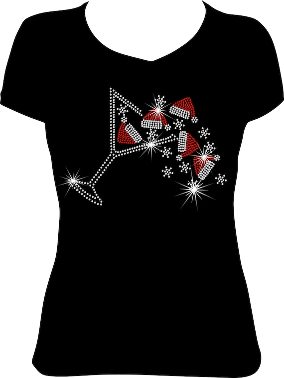 Christmas Santa Hats Martini Bling Shirt, Christmas Martini Bling Shirt, Christmas Santa Hat Bling Shirt, Rhinestone Christmas Shirt