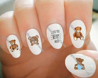 Calcomanías para uñas de osito de peluche: Arte de uñas de transferencia de agua "Te quiero muchísimo"