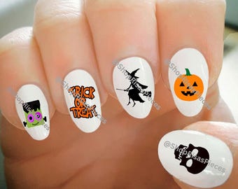 Halloween Nail Decals: Skull, Pumpkin, Witch Water Transfer Nail Art