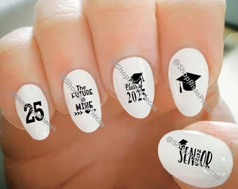 Calcomanías para uñas, calcomanías para uñas de graduación, clase de 2025, calcomanías para uñas con transferencia de agua, tatuajes para uñas, arte de uñas de moda