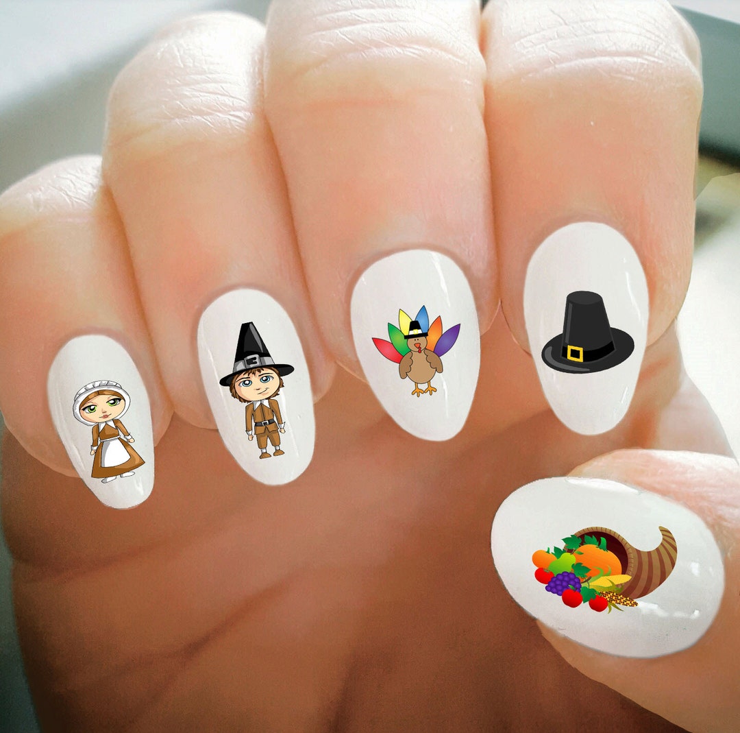 Nail Decals, Thanksgiving Nail Decals, Pilgrim, Turkey, Water Transfer ...