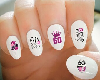 Nail Decals, 60th Birthday Nail Decals, Happy Birthday, Sixty, Balloons, Cake, Water Transfer, Nail Tattoo, Fashionable Nail Art