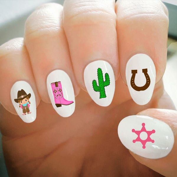 Nail Decals, Western Decals, Cowgirl, Cowboy, Cactus, Horseshoe, Sheriff, Water Transfer Nail Decals,Fashionable Nail Art,Custom Nail Decals