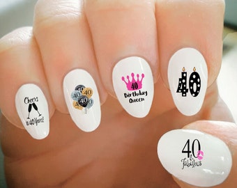 Nail Decals, 40th Birthday Nail Decals, Happy Birthday, Forty, Balloons, Cake, Water Transfer, Nail Tattoo, Fashionable Nail Art