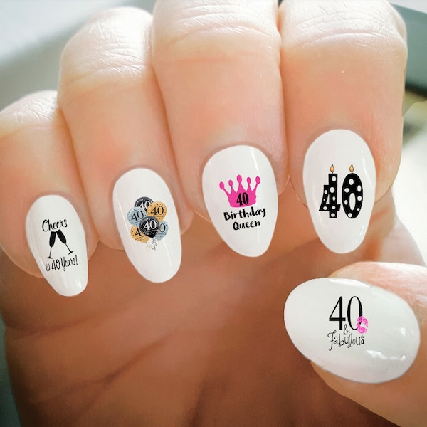 Nail Decals, 40th Birthday Nail Decals, Happy Birthday, Forty, Balloons, Cake, Water Transfer, Nail Tattoo, Fashionable Nail Art