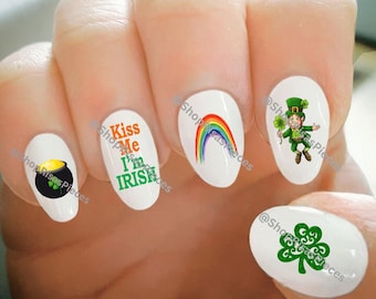 Nail Decals, St. Patrick&#39;s Day Nail Decals, Kiss Me I&#39;m Irish, Shamrock, Rainbow, Leprechaun,Water Transfer,Nail Tattoo,Fashionable Nail Art