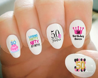 Nail Decals, 50th Birthday Nail Decals, Happy Birthday, Fifty, Balloons, Cake, Water Transfer, Nail Tattoo, Fashionable Nail Art