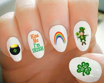 Nail Decals, St. Patrick's Day Nail Decals, Kiss Me I'm Irish, Shamrock, Rainbow, Leprechaun,Water Transfer,Nail Tattoo,Fashionable Nail Art