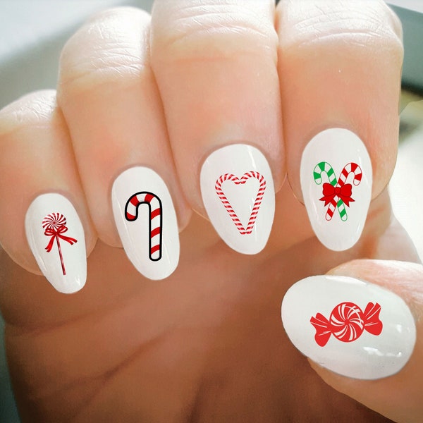 Nail Decals, Christmas Nail Decals, Candy Cane Decals, Water Transfer Nail Decals, Nail Tattoo, Fashionable Nail Art, Custom Nail Decals